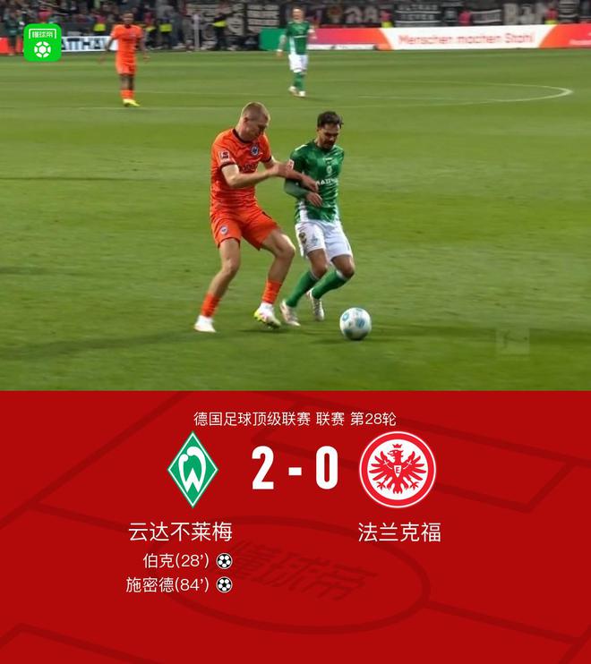 不萊梅勝法蘭克福，施密德助攻，伯克進球，2-0